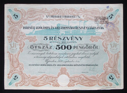 Egyesült Izzólámpa és Villamossági Rt. részvény 5x100 pengő 1930 - Újpest