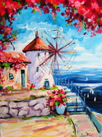 Seascape with mill- acrylic painting / Tengeri tájkép malommal - akril festmény