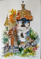 A titokzatos ház. A4 akvarell, toll illusztráció. Gyűjtők számára is értékes egyedi alkotás!