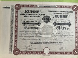 “Kühne” Mezőgazdasági Gépgyár Részvénytársaság, 15 pengő bemutatóra szóló részvény