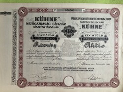 “Kühne” Mezőgazdasági Gépgyár Részvénytársaság 15 pengő bemutatóra szóló részvény