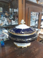 Exkluzív Német,Germany Echt Weimar Kobalt Katherina Aranyozott Porcelán Leveses Tál.3.5 Literes.