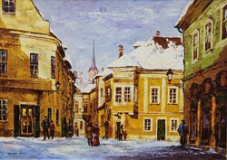 Korognai János (1950-) - "Kisvárosi tél" - olaj, farost
