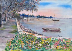 Endre Gácser: Balaton Scene - Oil on Canvas