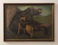 Zombory Lajos(1867-1933): Vadászat, vaddisznó kopókkal. Jelzett nagyméretű olajfestmény.