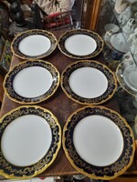 Exkluzív Német,Germany Echt Weimar Kobalt Katherina Aranyozott Porcelán 6 DB Lapos Tányér Készlet.