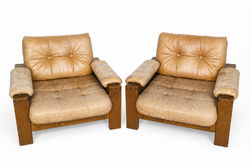 Hollóházi-style, brutalist oak armchair pair