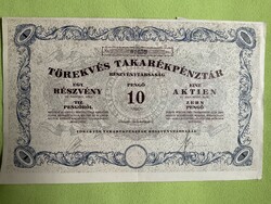 Törekvés Takarékpénztár Részvénytársaság bemutatóra szóló 10 pengő részvény