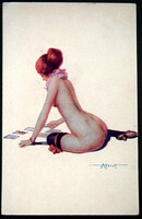 Art Nouveau A. Penot képeslap - pikáns ruhátlan kártyázó hölgy