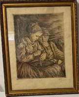Glatz Oszkár: Első lecke (szinezett rézkarc)  ÁRESÉS!