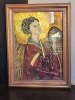 Ragyogó arany hátterű üvegikon – Arkangyal (32×24 cm, 1981, jelzett)