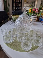 Vintage kristály bólés készlet – fedeles nagy tál + 9 db kristály pohár