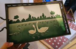 Antik jellegű, hattyús zománcozott fém tálca (Art Deco stílusú)