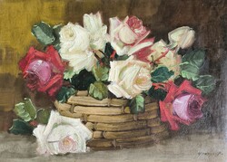 Medgyessy Ferenc(1881-1958): Rózsák kosárban. Jelzett olajfestmény.