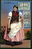 Antik litho képeslap magyar népviselet   - Egri menyecske  / Dobay Globus reklám bélyegzés 1923