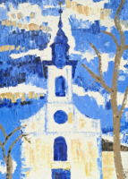 U. Szegedi Árpád: Ikladi templom - modern oil painting with blue shades - Pest County, Aszód District