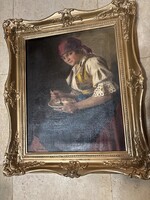 SZÁSZ  ISTVÁN  Antik olaj-vaszon nepviseletes menyecske festmeny