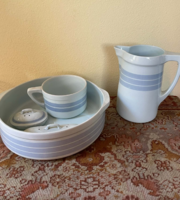 Antik vintage babakék csíkos sok részes fajansz mosdótál kancsó fedeles szappantartó porcelán szett