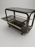Imposing Chrome Steel Frame Bar Cart with Tempered Fume Glass Shelves and Pull-Out Tray