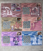 Jugoszlávia 1996 – World Chess Champions III – teljes 6 db-os FDC sorozat – Bobby Fischer, Kaszparov