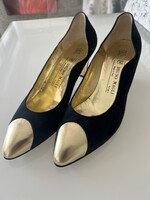 Elegáns olasz bőrcipő fekete hasított bőr ès aranyszínű bőrből, Bruno Magli tervezés