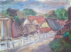 Utcakép - jelzett tempera festmény