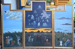 Zérczy Katalin: Napfogyatkozás, óriási méret: 140x100 cm + keret! triptichon - spirituális jelenet