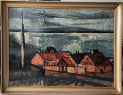 Szentgyörgyi Kornél (1916–2006): Balatoni táj – Nagyméretű, Képcsarnokos olajfestmény