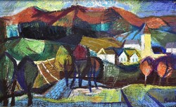 Mustó János (1934–2012): Falurészlet templommal – Eredeti, Képcsarnokos olajfestmény
