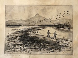 LUZSICZA LAJOS (1920-2005) VÁG MENTÉN 1/5 - PECÁZÓ EMBEREK, JELZETT LITHOGRÁFIA, KERET NÉLKÜL 48 X 3