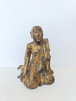 Buddha szobor antik faragott fa aranyozott patinás felülettel buddhista szerzetes Thaiföld 689 7166
