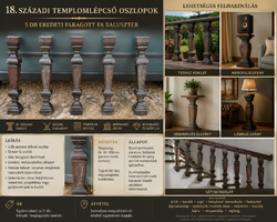 XIX. századi templomlépcső oszlopok – 5 db eredeti faragott fa baluszter