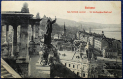 Budapest - Szt Gellért szobor / remek panoráma a Tabánra -  antik  képeslap 1929