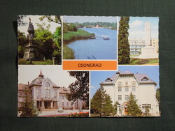 Képeslap,Csongrád,Tisza part,gimnázium,városháza,emlékmű látkép,részlet,1983-