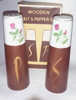 RETRO ritkaság! ÚJ fa-porcelán só-borsszóró szett EREDETI DOBOZÁBAN – Gyűjtői állapot!