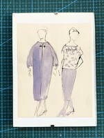 Sípos Erzsébet ruhatervező, 1960-as évek egyedi mid-century retro, vintage akvarell, tus divatterv