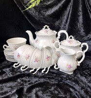 Antik vintage barokk apró rózsaszín virágmintás 6 személyes Zsolnay porcelán teáskészlet