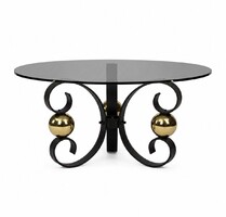 Italian Brutalist Wrought Iron Coffee Table with Smoke Gray Glass Top and Gold Sphere Accents