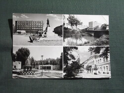 Képeslap,Békéscsaba,Kossuth szobor,tér,hotel,Körös part,híd,KISZ tábor látkép,részlet, 1973-