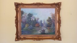 Kárpáthy Jenő 60x80 cm olaj vászon tájkép park festmény antik keret