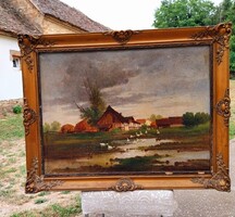Mesterházy Dénes -Faluvég olaj-vászon  Festmény méret :79×58.5cm Keret : 96x75cm Jelezve jobbra lent
