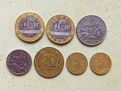 Franciaország 7 db Különböző Érme 5 20 Centimes 1/2 1 10 Frank Francs 1963-1989