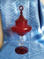Ritka nagyméretű vörös Empoli Olasz üveg bonbonier csavart szárral - 38.5 cm ( MID century, Mustílus