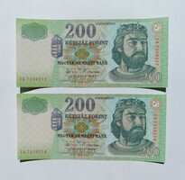 2 db sorszámkövető 200 forint bankjegy (2004, FB sorozat) - Tökéletes UNC / Nyomdaállapot!