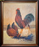 Baromfiudvar - egyedi olaj-vászon festmény, kerettel 86x70 cm - "Gombár" szignó - Tyúk, Kakas