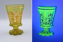 Antique uranium green Biedermeier footed decorative glass, hand-painted gold floral pattern, 1850, flawless