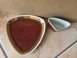 Hollóházi porcelán kínáló + edényke (bordó-arany)