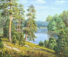 Zsolt Pozsonyi: Sunny Riverside (Summer) Oil Painting in a Beautiful Frame! Landscape in Nature, Forest