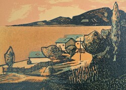 RARE! Bokros László: Summer Afternoon - Balaton Landscape, Color Linocut - Szigliget Artist