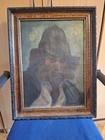 Klein Ernő: Pipázó, festmény, olaj, farost, 37x51 cm+ szép keret